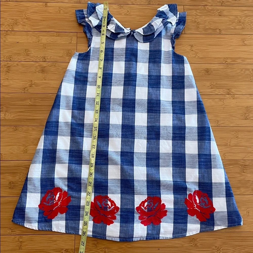 Janie and Jack Embroidery Floral Gingham Dress Size 7 Blue Red Sleeveless Ruffle